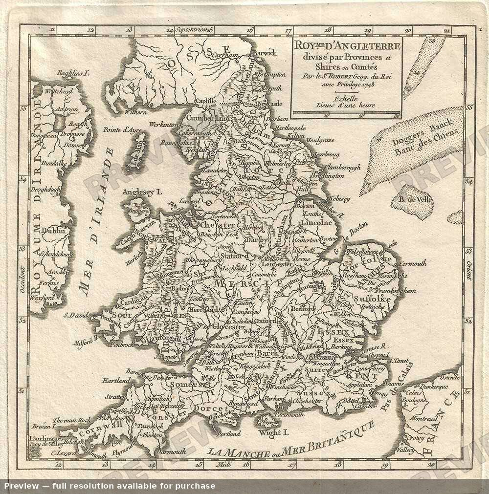 Antique map: Royme Angleterre, 1748, 1748
