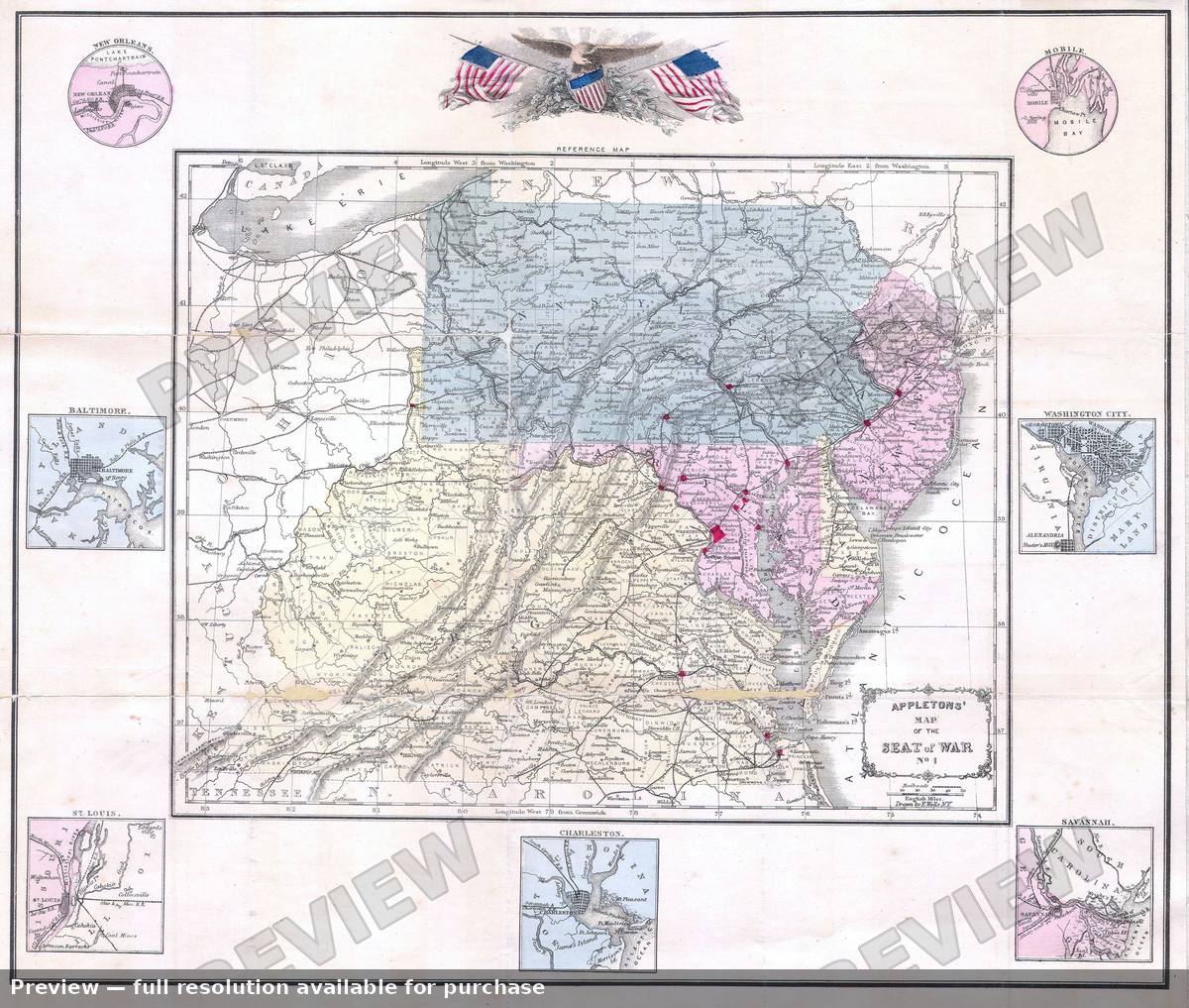 Antique map: Seatof Civil War, 1861
