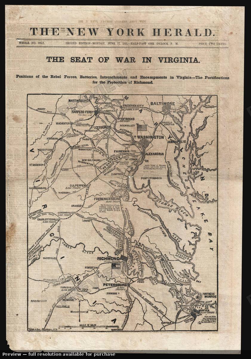 Antique map: Seatof War Virginia, 1861, 1861