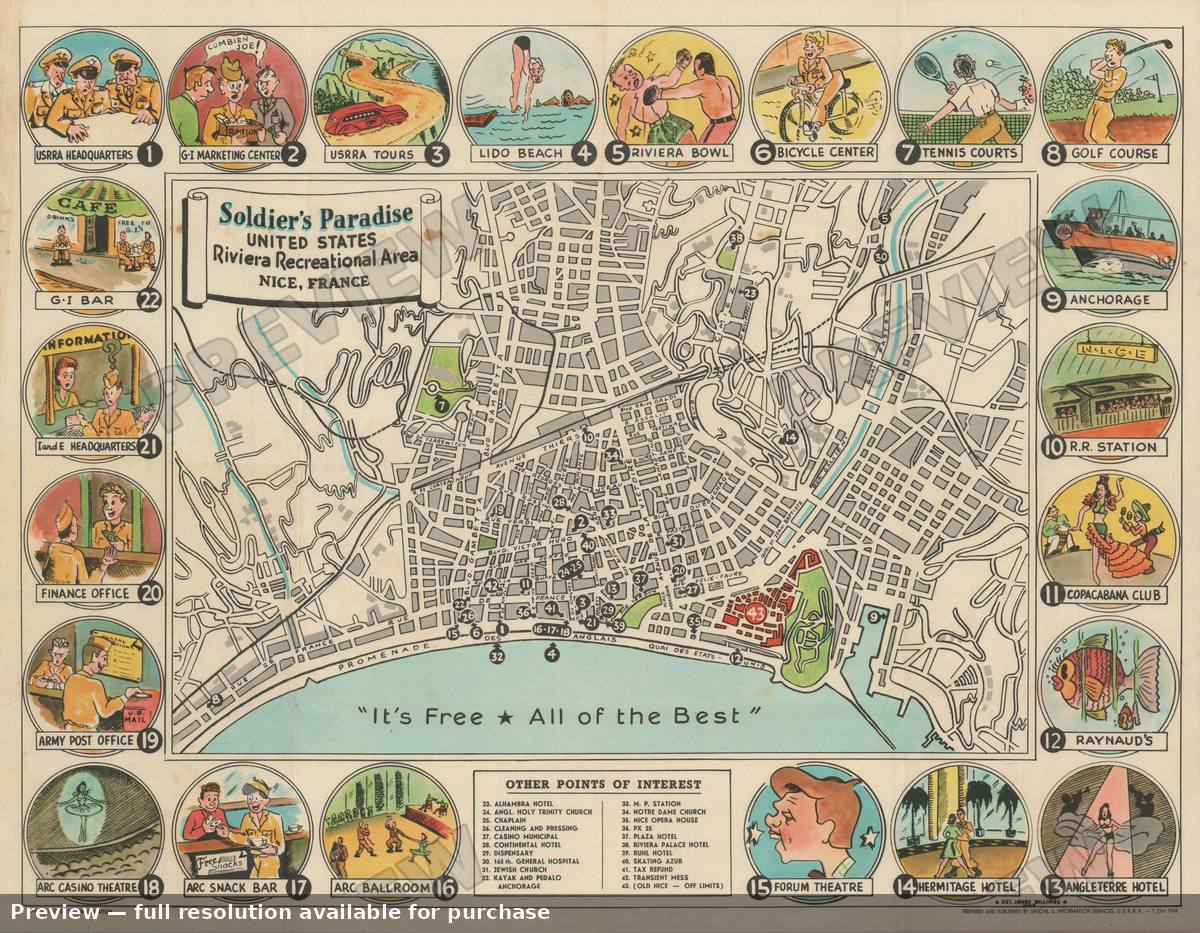 Antique map: Soldiers Paradise Nice, 1945, 1945
