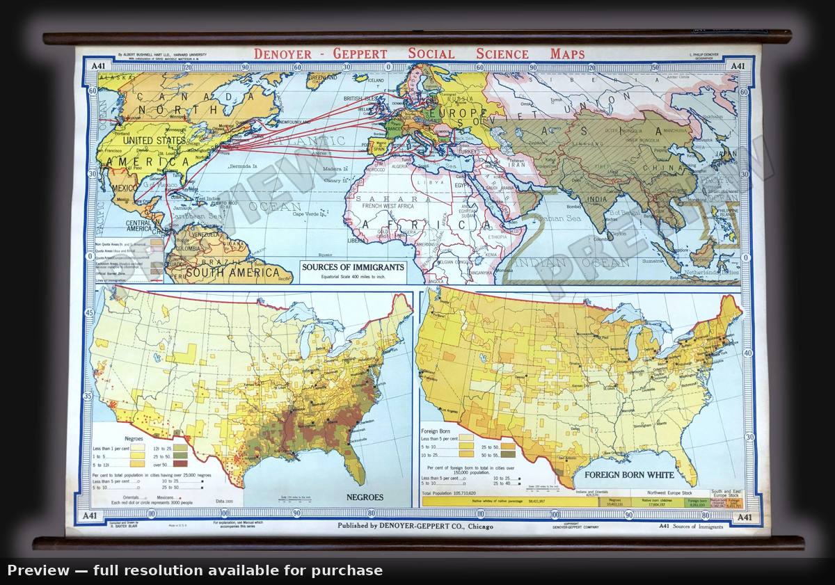 Antique map: Sources Immigrants, 1940