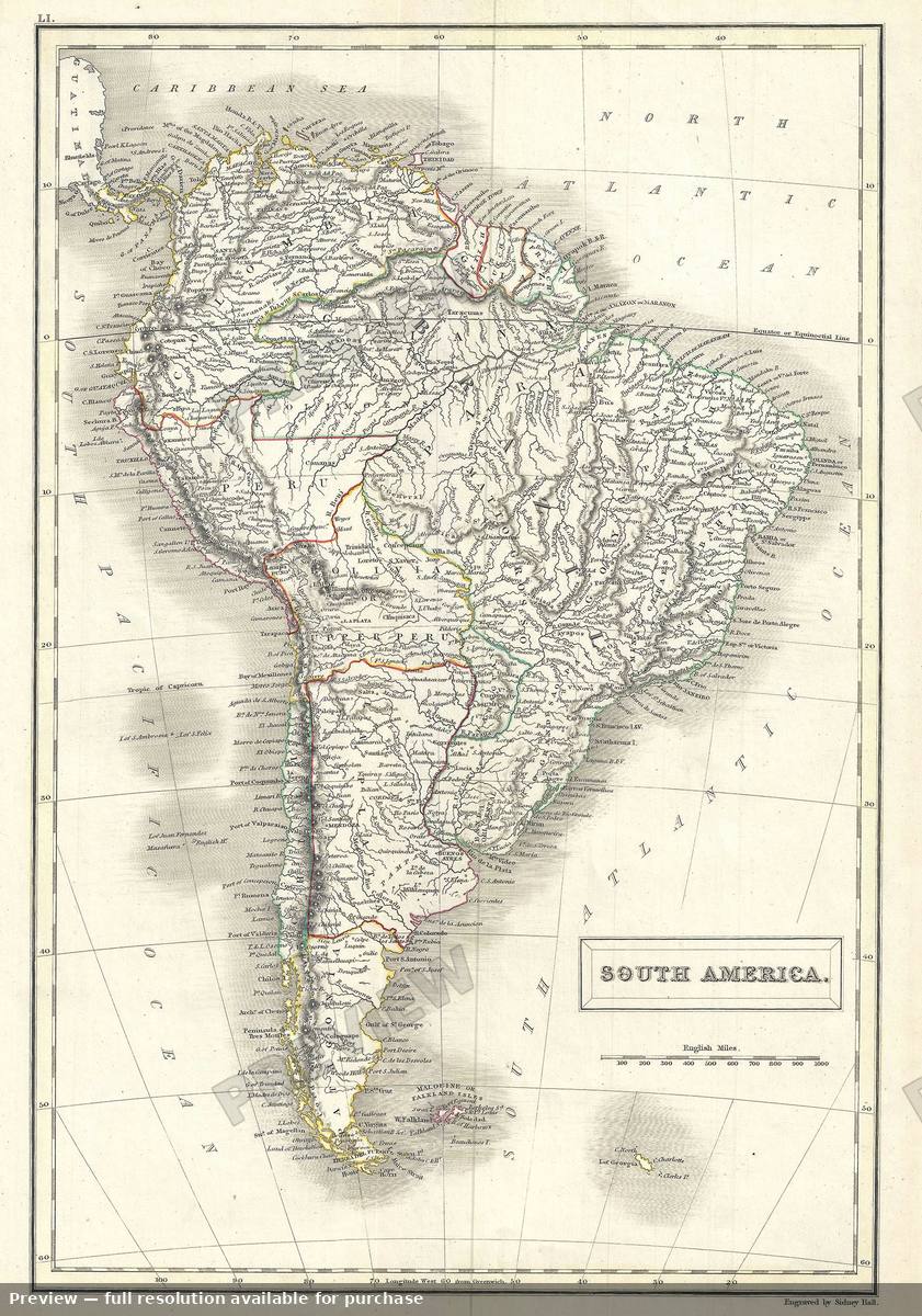 Antique map: South America, 1844, 1844