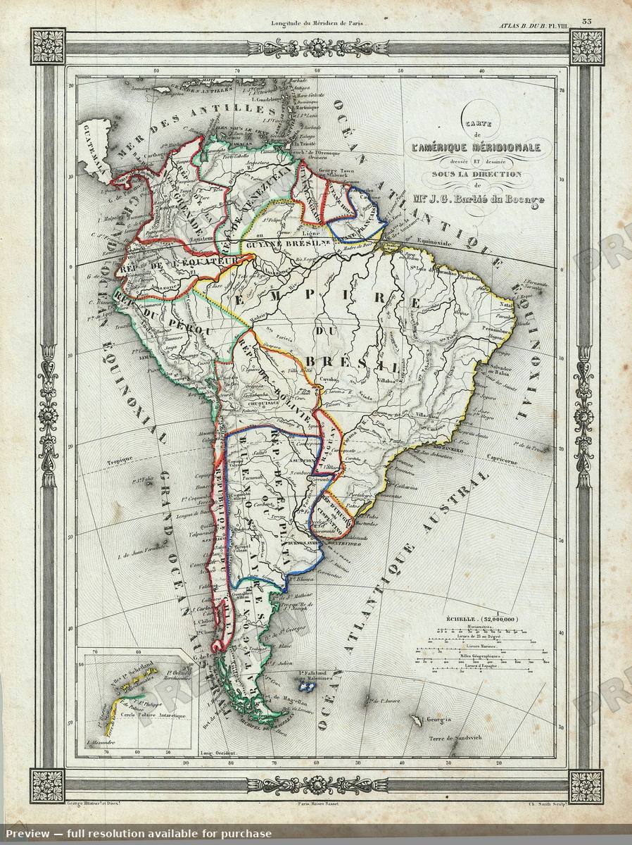 Antique map: South America, 1852