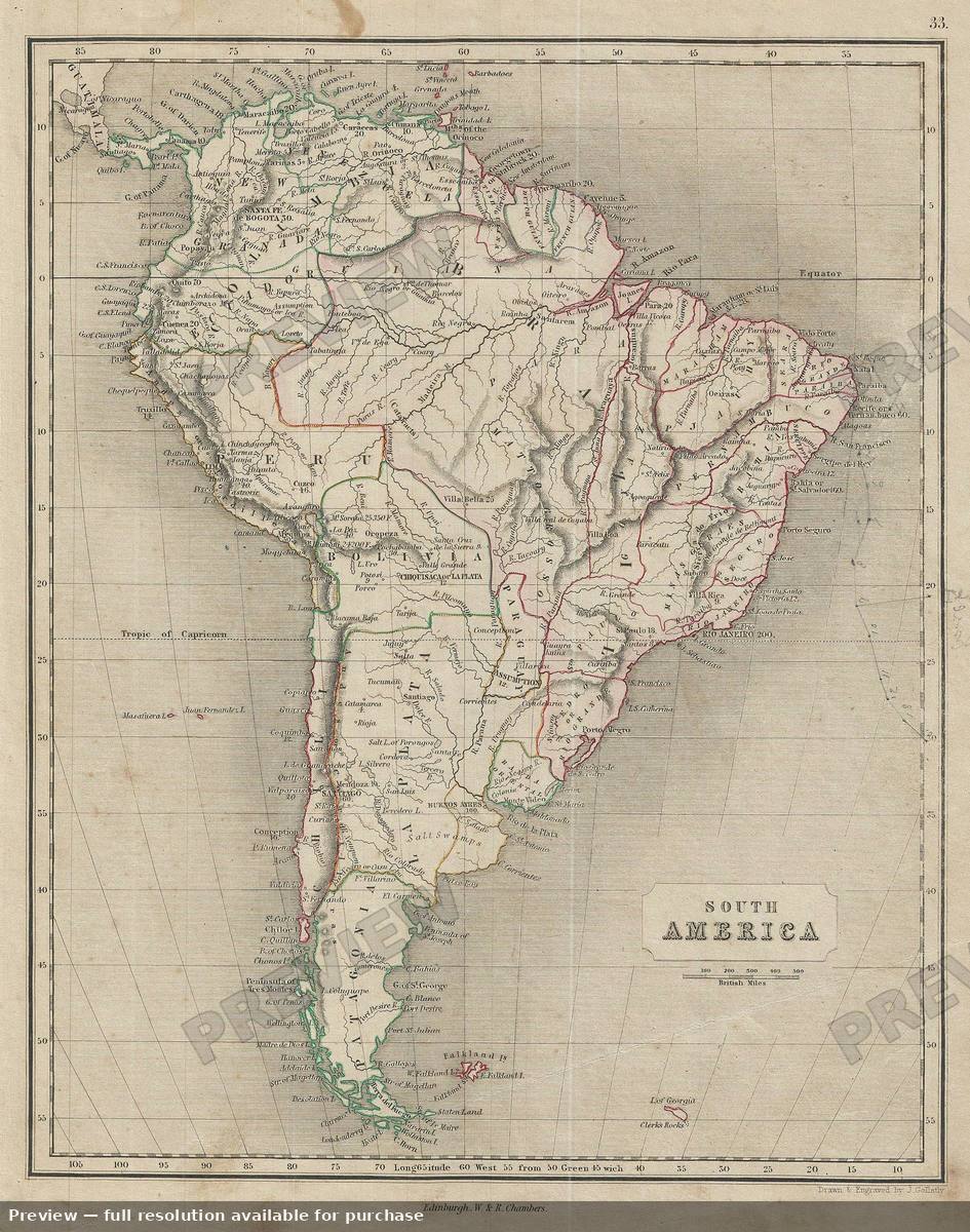 Antique map: South America, 1845