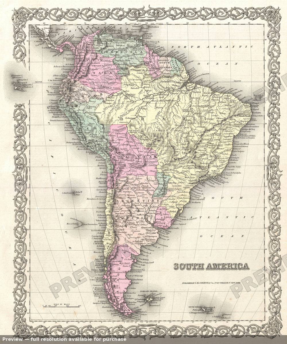 Antique map: South America, 1855, 1855