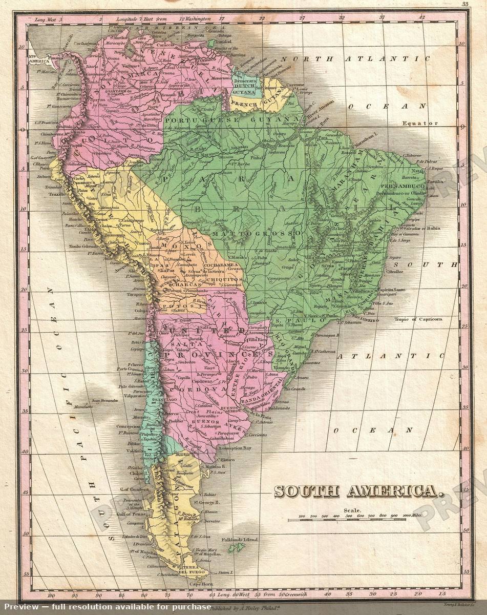 Antique map: South America, 1827
