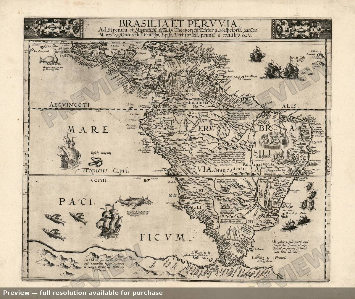 Antique map: South America, 1593