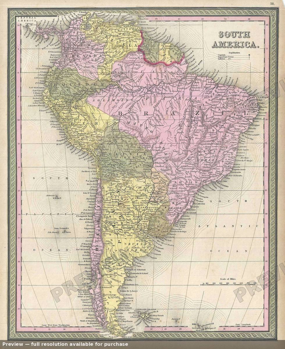 Antique map: South America, 1849, 1849