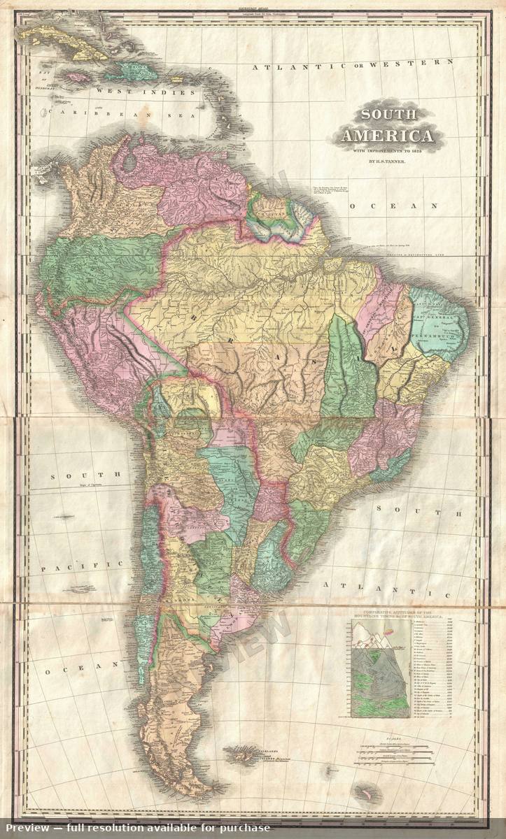 Antique map: South America, 1825