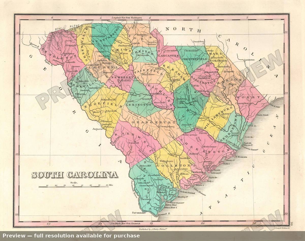 Antique map: South Carolina, 1827