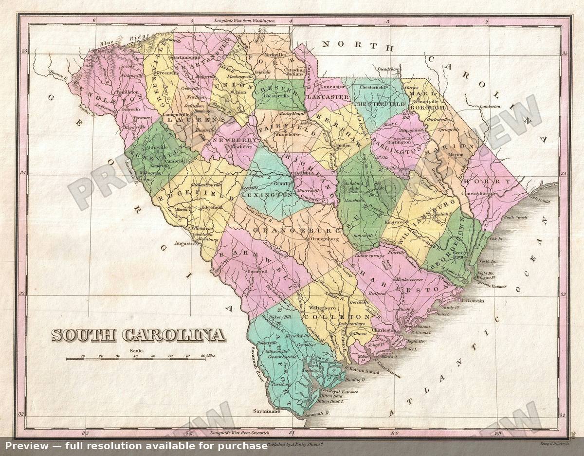 Antique map: South Carolina, 1827