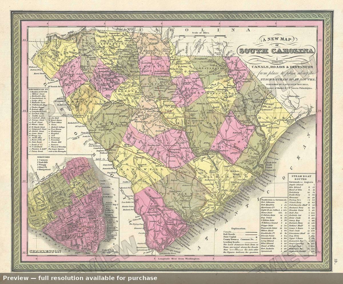 Antique map: South Carolina, 1849, 1849