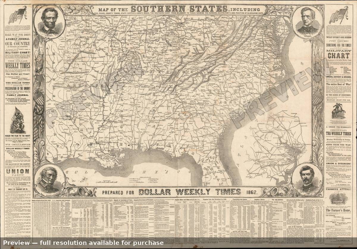 Antique map: Southern States, 1862, 1862