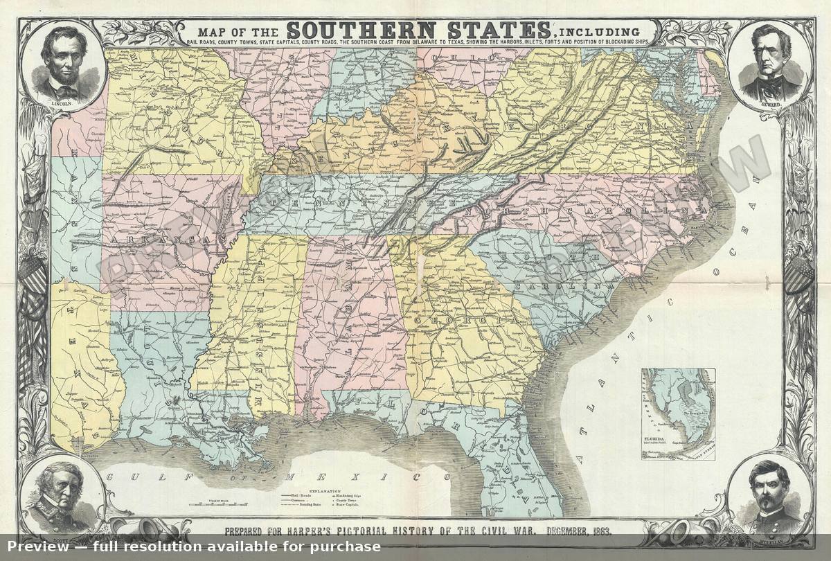 Antique map: Southern States, 1863