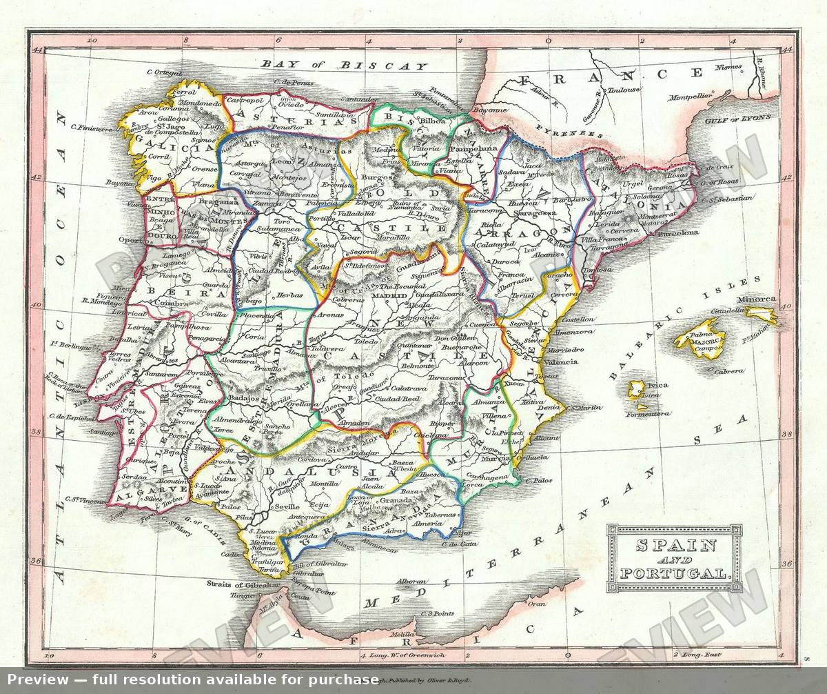 Antique map: Spain Portugal, 1845, 1845