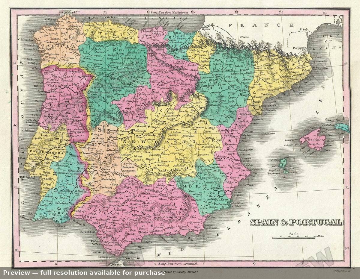 Antique map: Spain Portugal, 1828