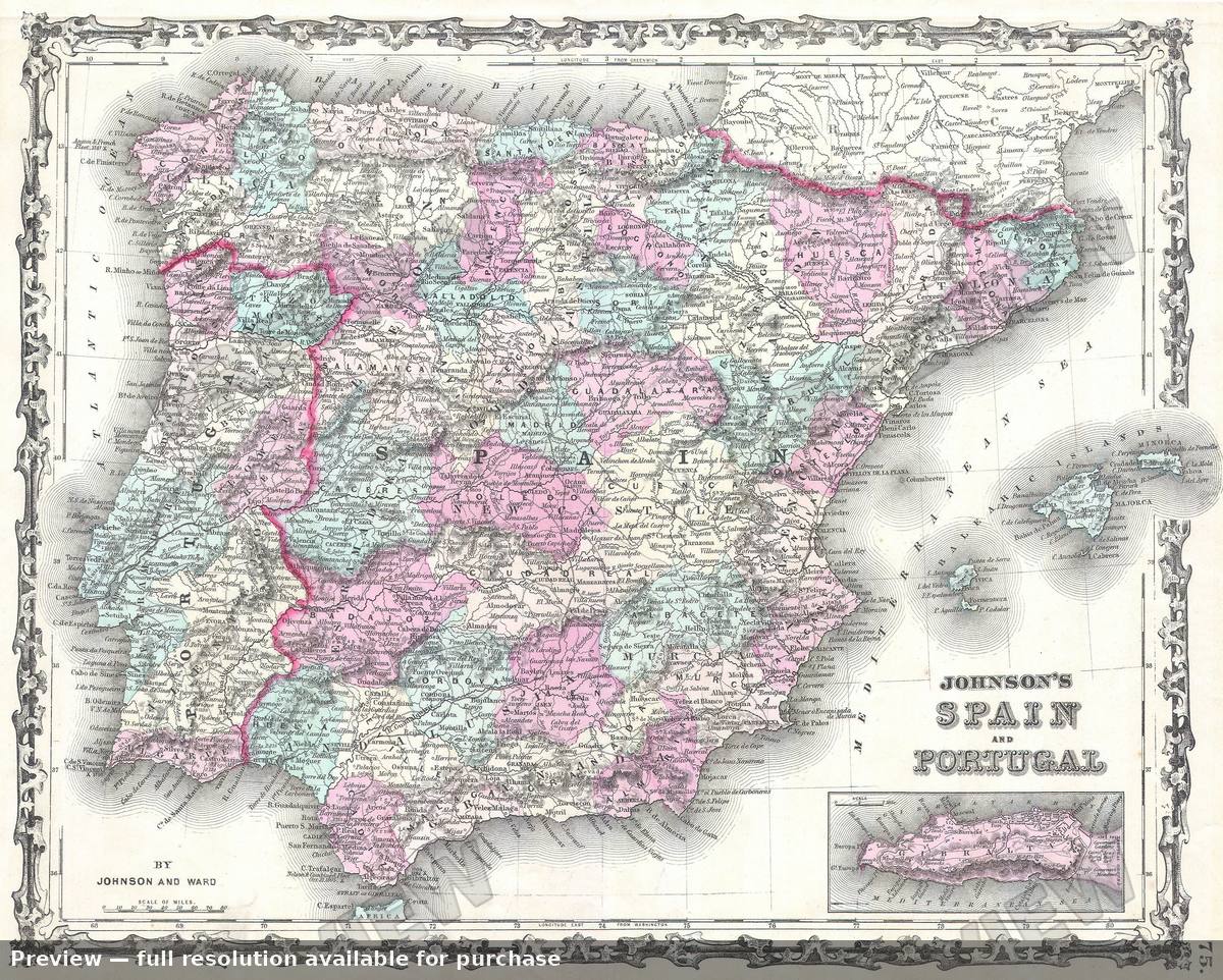 Antique map: Spain Portugal, 1862, 1862