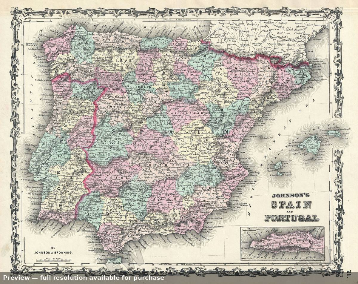 Antique map: Spain Portugal, 1861, 1861