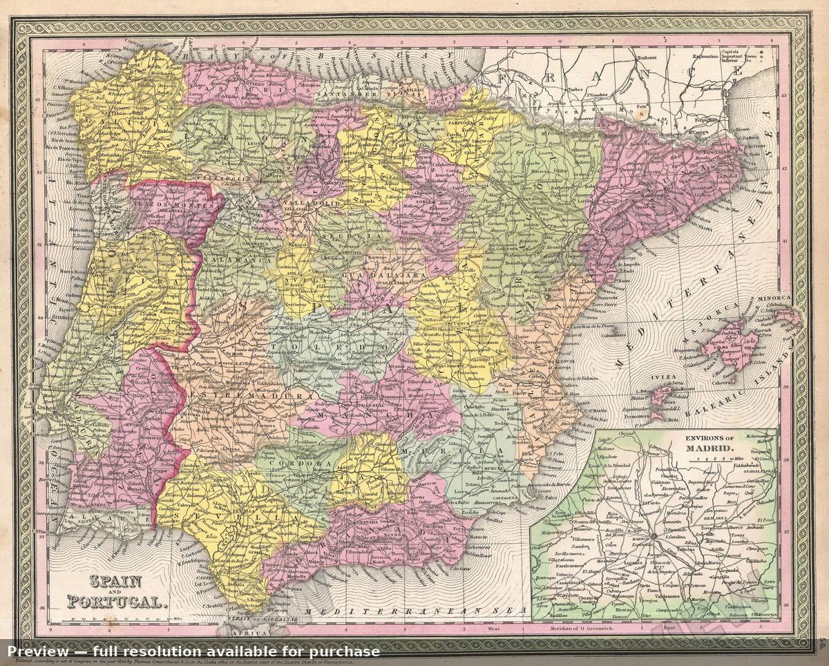 Antique map: Spain Portugal, 1854, 1854