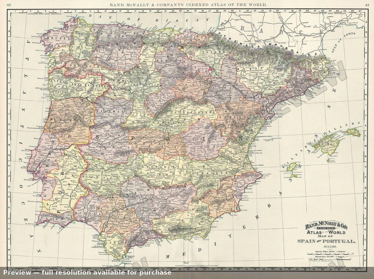 Antique map: Spain Portugal, 1895, 1895