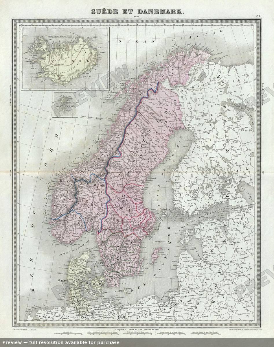 Antique map: Suede Danemark, 1874