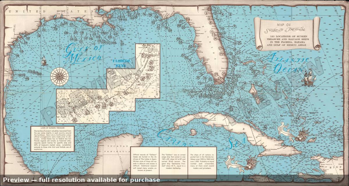 Antique map: Sunken Treasure Florida, 1950, 1950