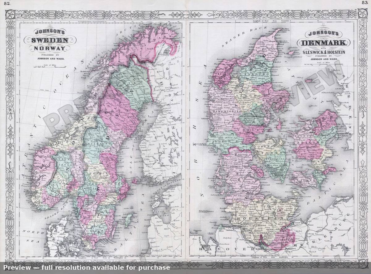Antique map: Sweden Denmark, 1865, 1865