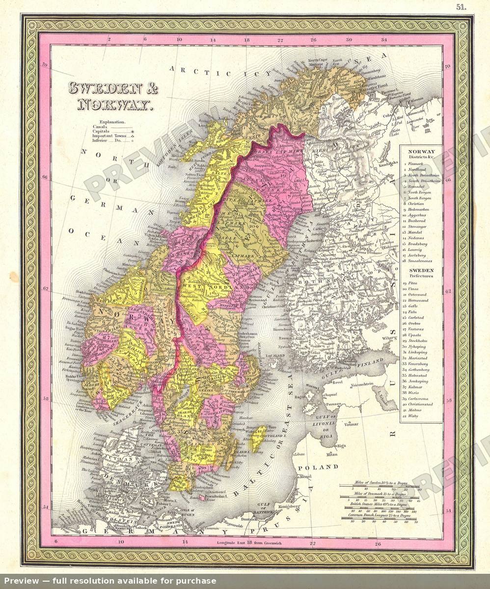 Antique map: Sweden Norway, 1850, 1850