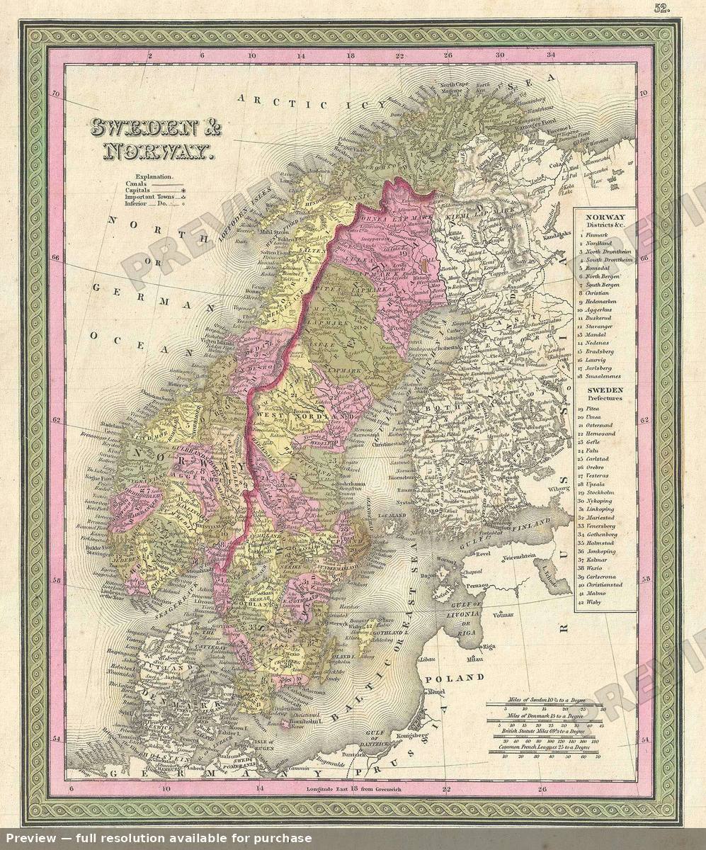 Antique map: Sweden Norway, 1849, 1849