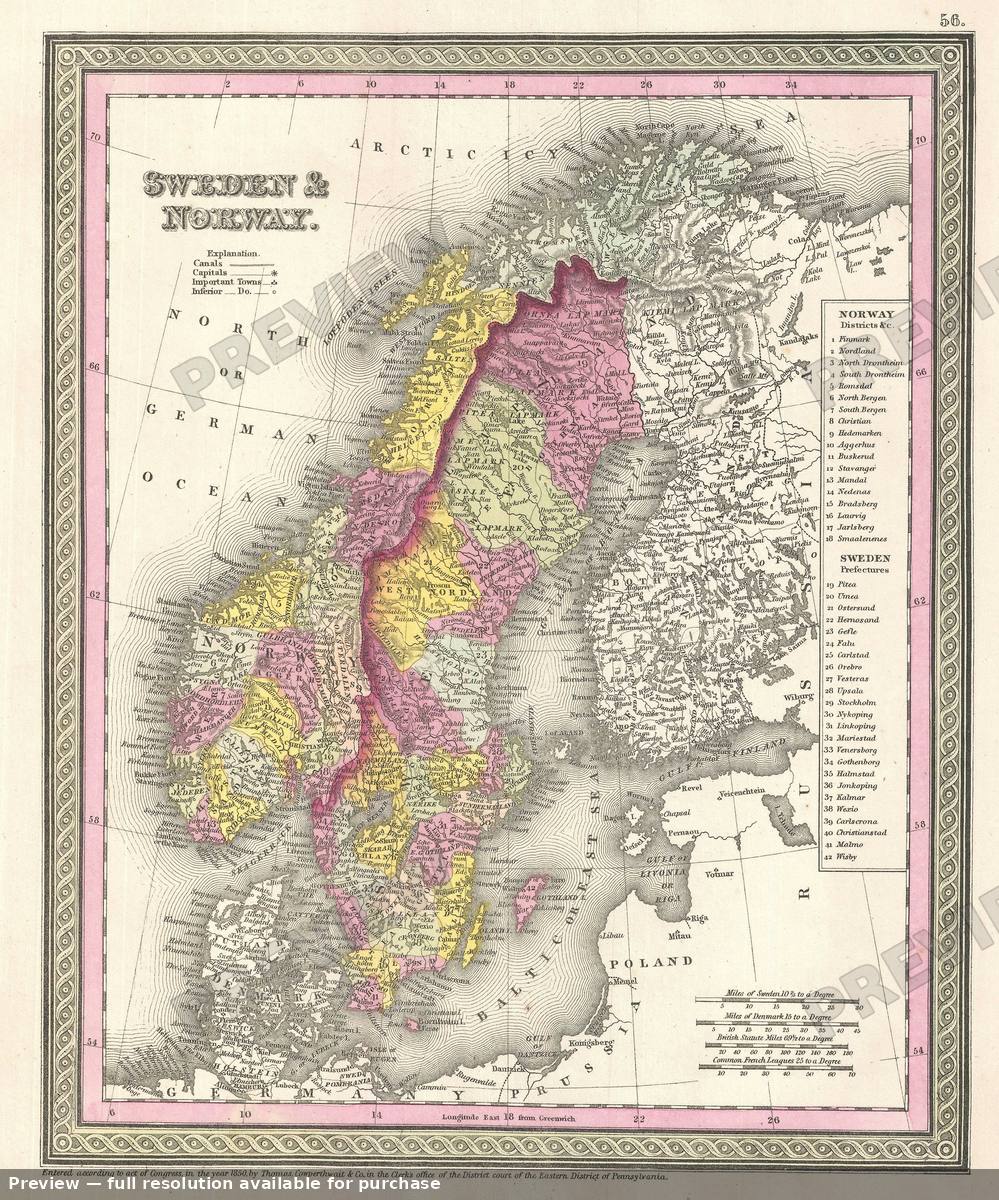 Antique map: Sweden Norway, 1854, 1854