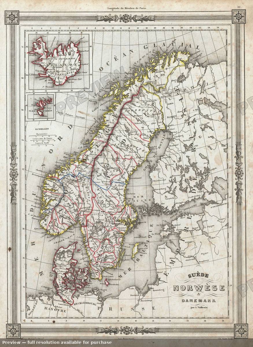 Antique map: Sweden Norway Denmark, 1852