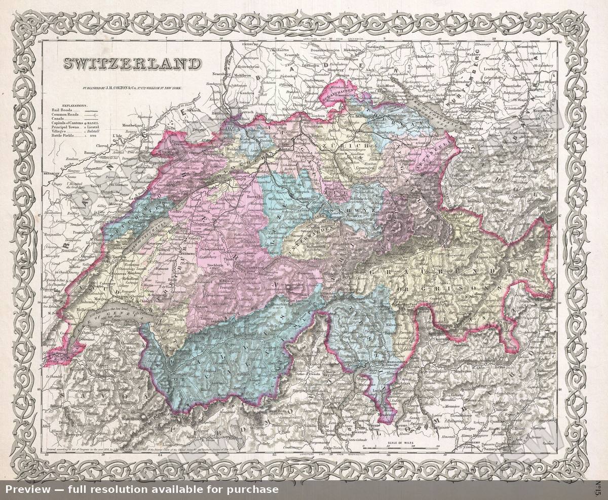 Antique map: Switzerland, 1855, 1855