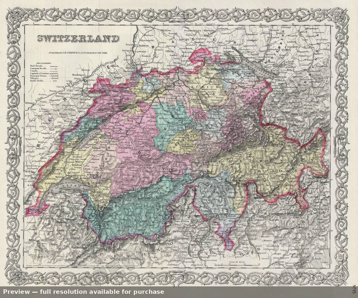 Antique map: Switzerland, 1856, 1856