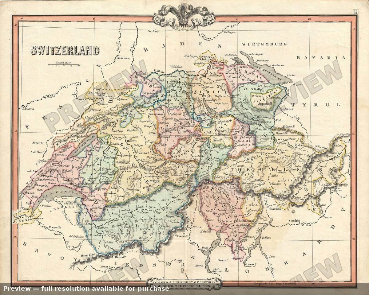 Antique map: Switzerland, 1850