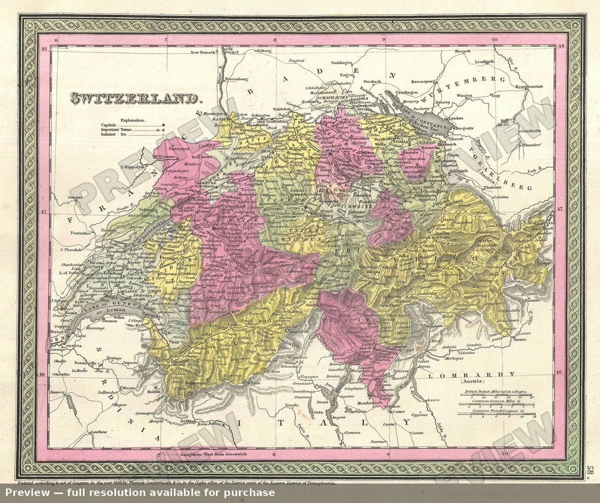 Antique map: Switzerland, 1854, 1854