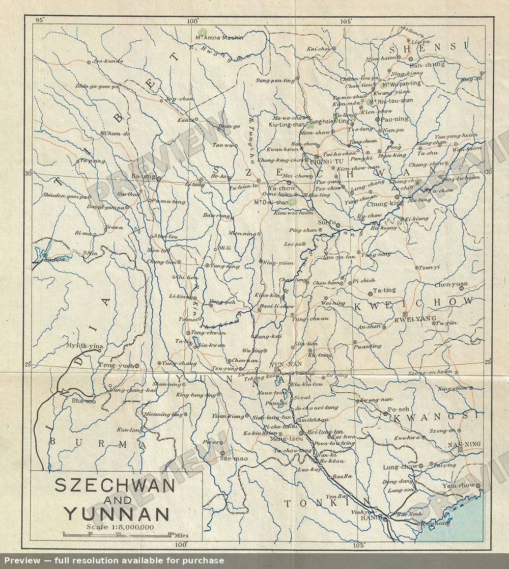 Antique map: Szechwan Yunnan, 1924