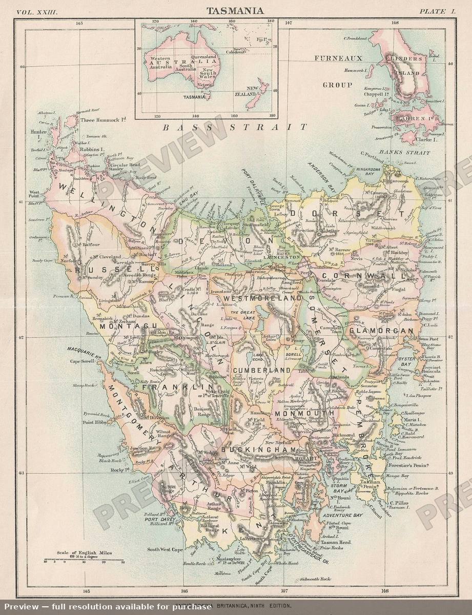 Antique map: Tasmania, 1888