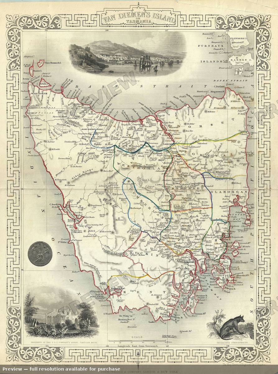 Antique map: Tasmania, 1851