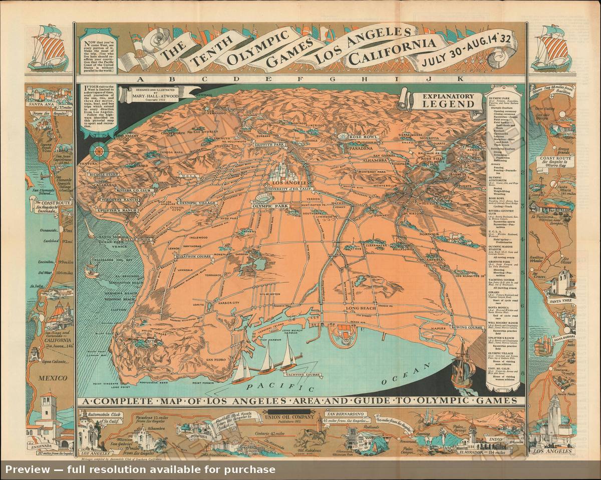 Antique map: Tenth Olympic Games LA, 1932