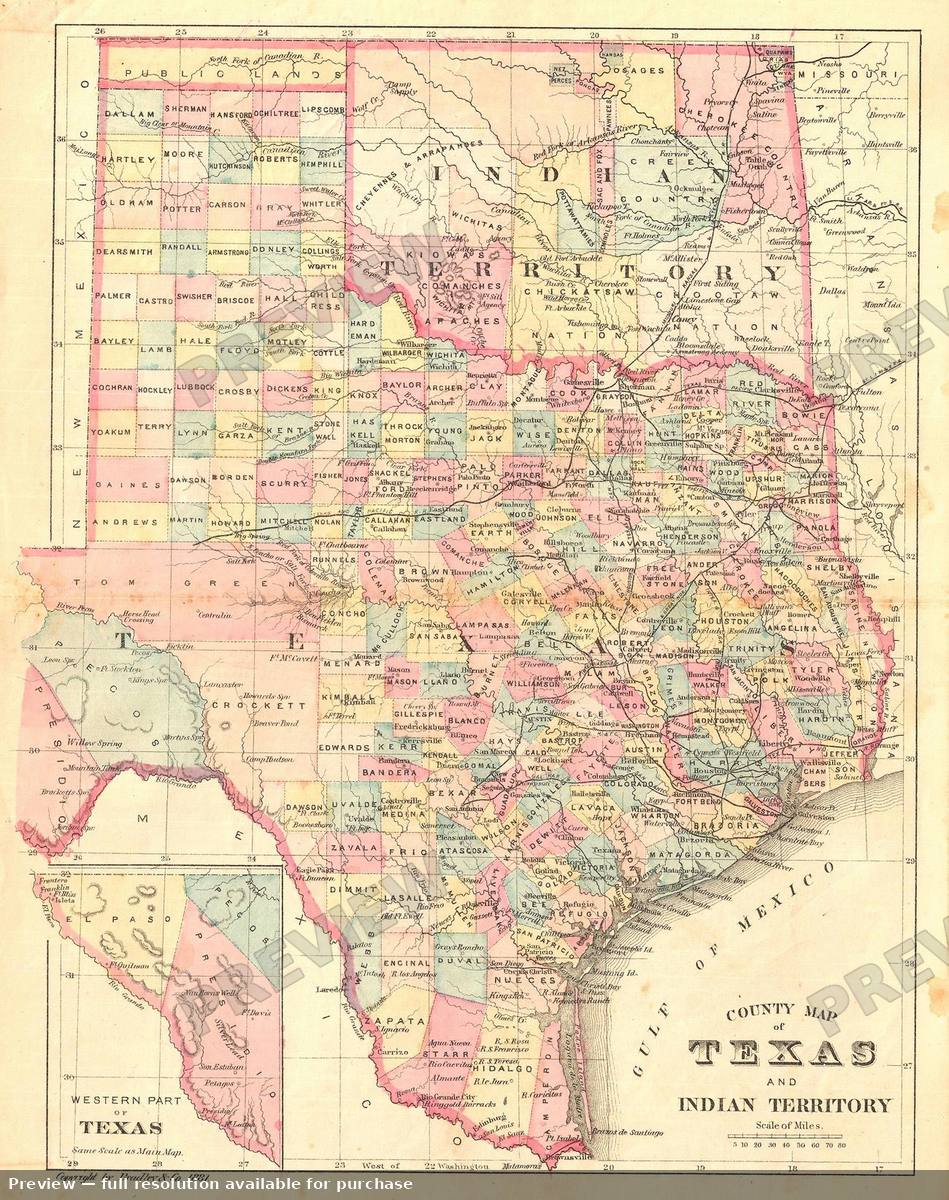 Antique map: Texas Oklahoma, 1881