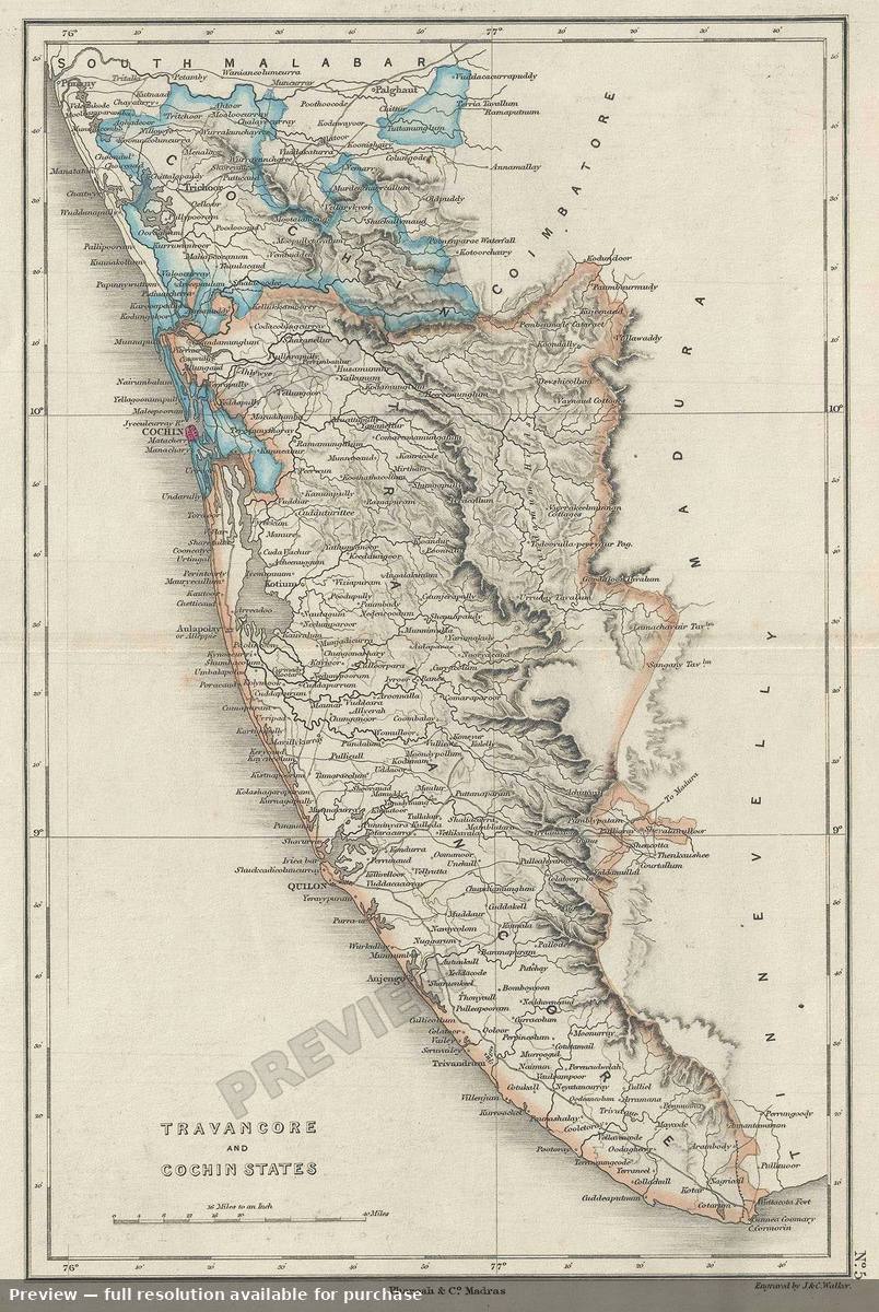 Antique map: Travancore Cochin, 1854