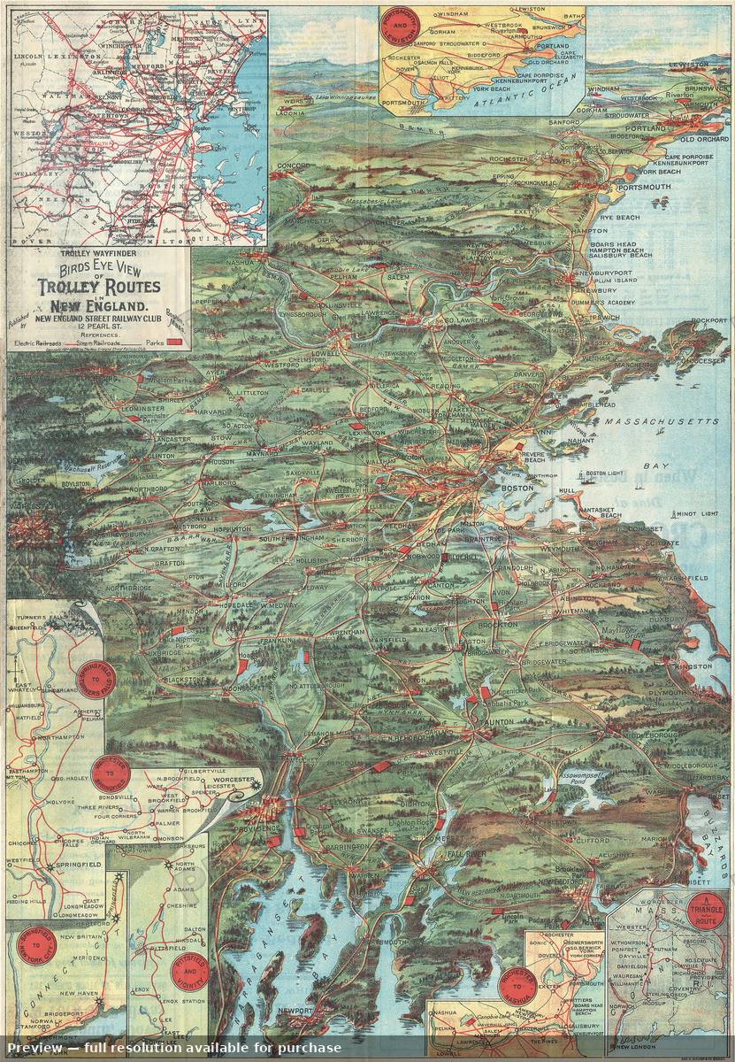 Antique map: Trolley Routes New England, 1905