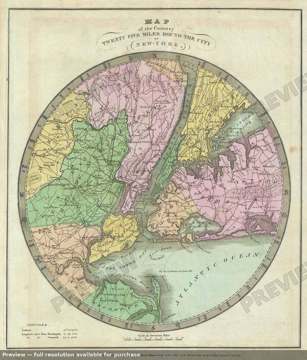Antique map: Twenty Five Miles New York, 1835