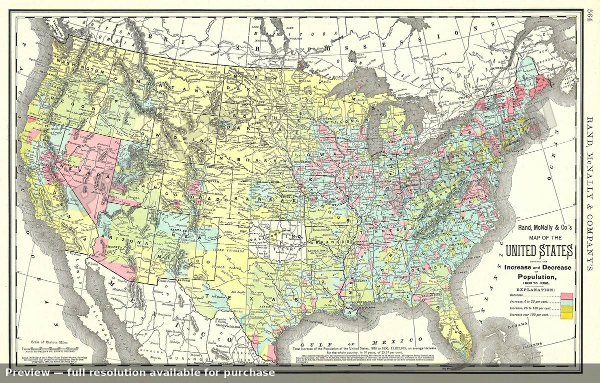 Antique map: US Pop Increase, 1893, 1893