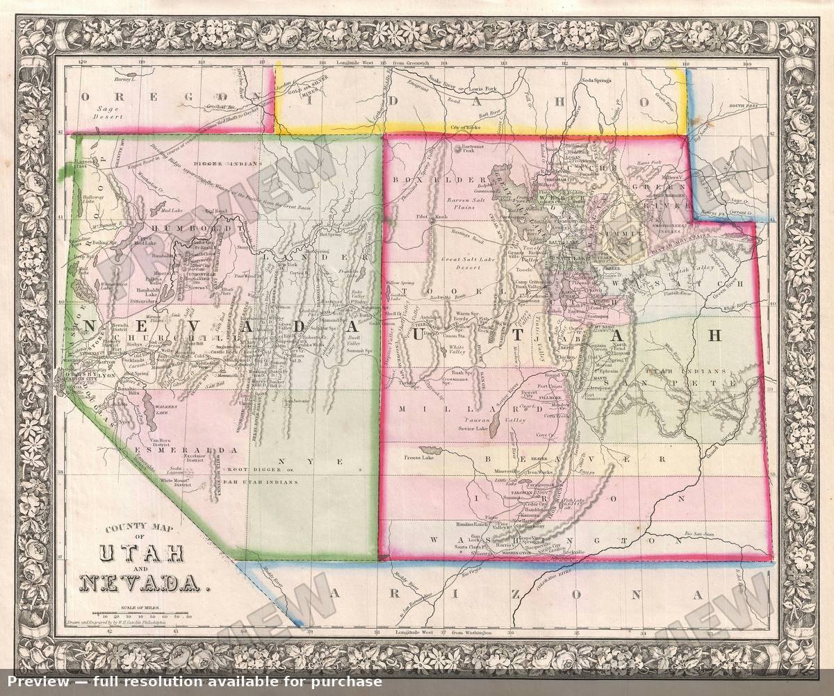 Antique map: Utah Nevada, 1866, 1866