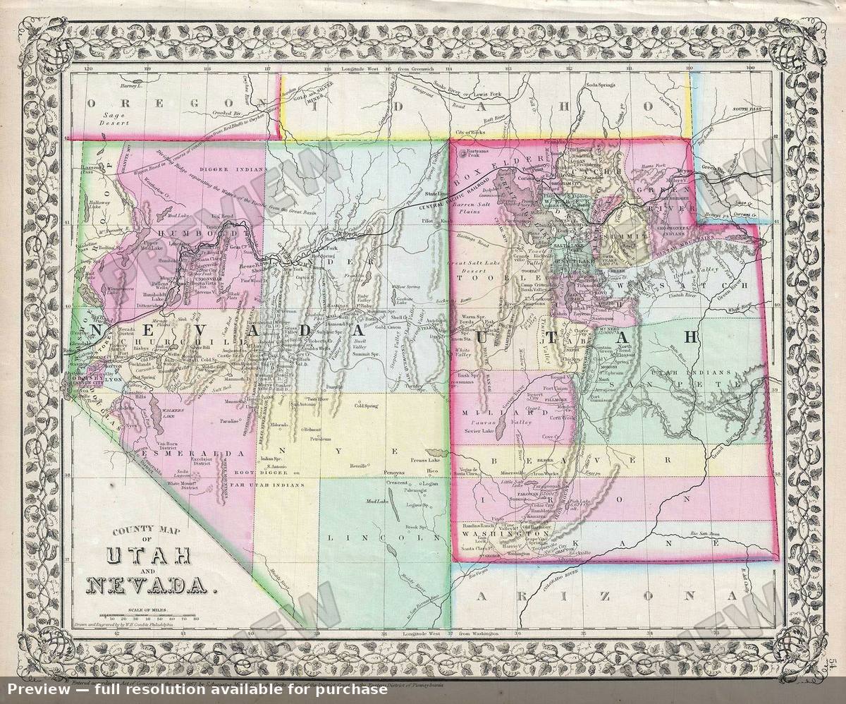 Antique map: Utah Nevada, 1867, 1867