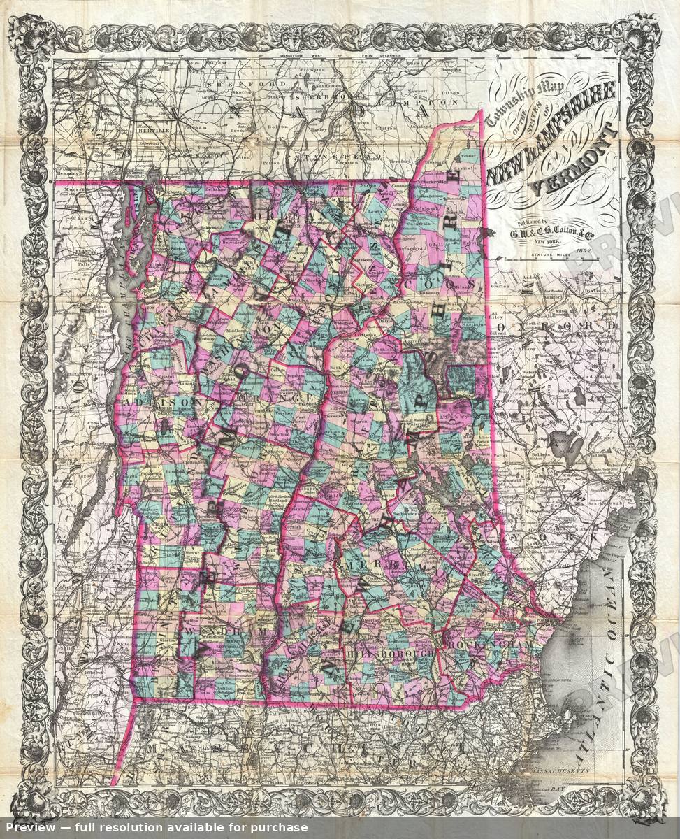 Antique map: Vermont New Hampshire, 1892, 1892