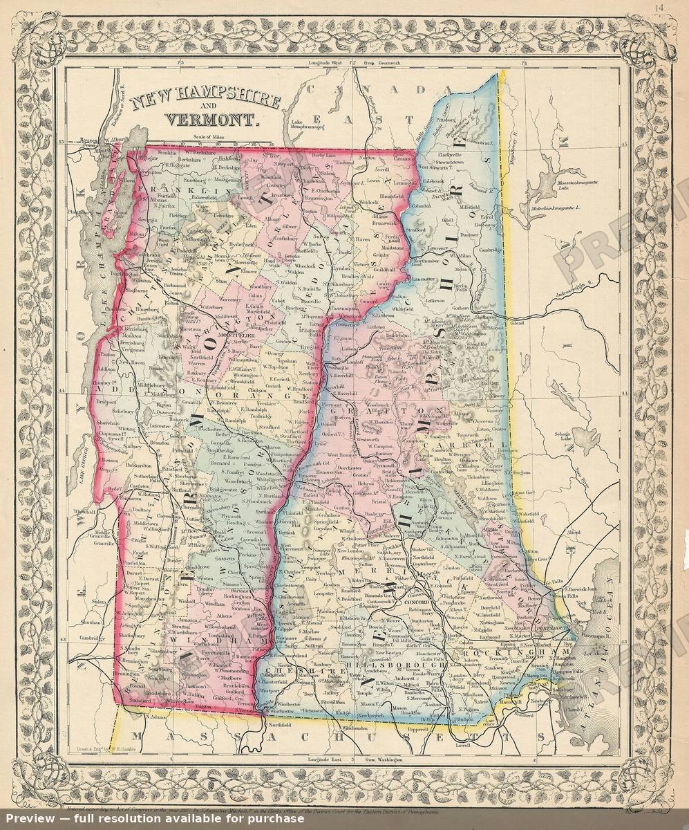 Antique map: Vermont New Hampshire, 1867, 1867