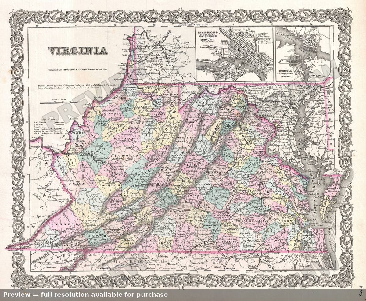 Antique map: Virginia, 1855, 1855