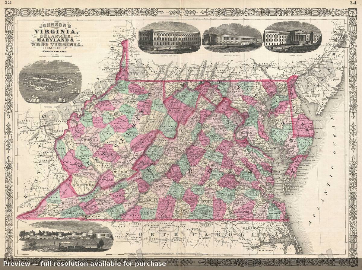 Antique map: Virginia, 1866, 1866